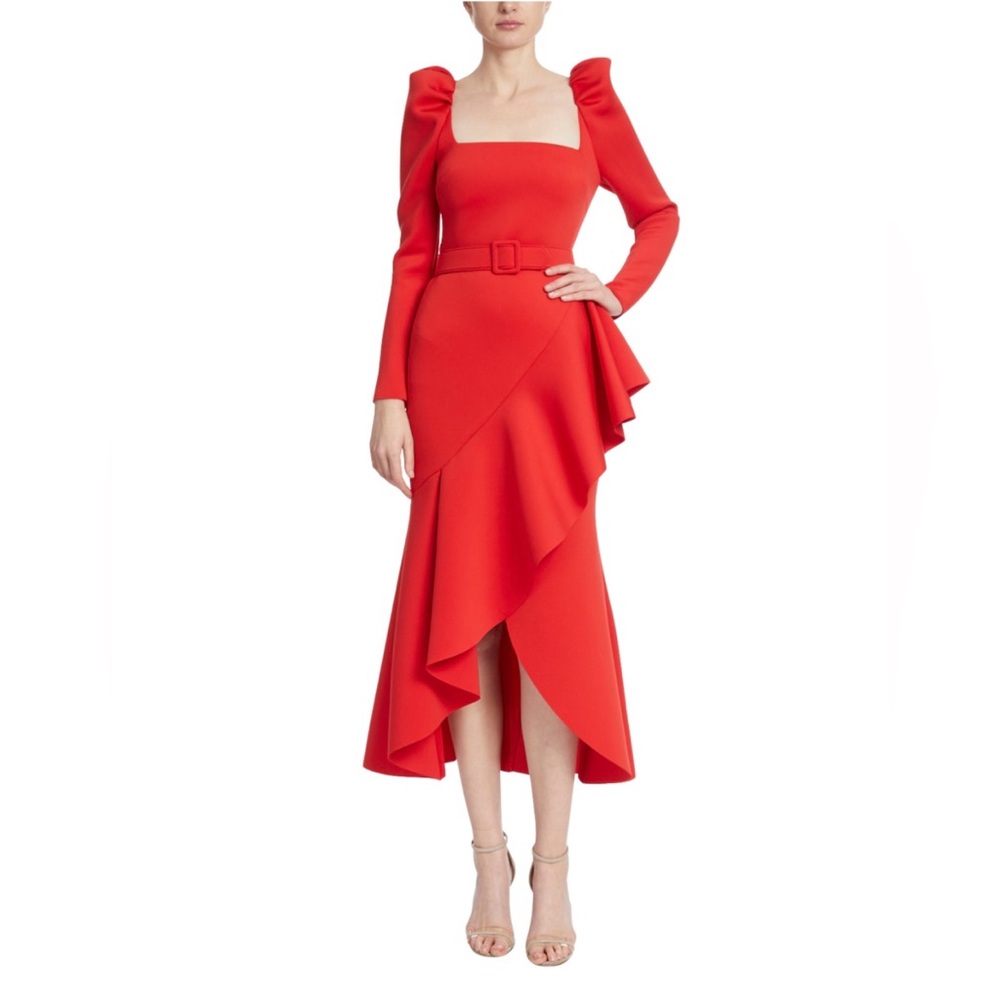 Badgley Mischka Belted Puff Sleeve Gown